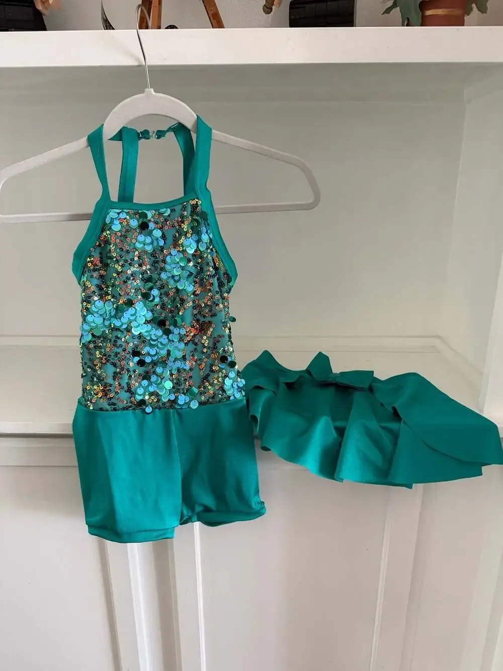 Weissman Emerald Green Sequin Halter Dance Biketard with Skirt